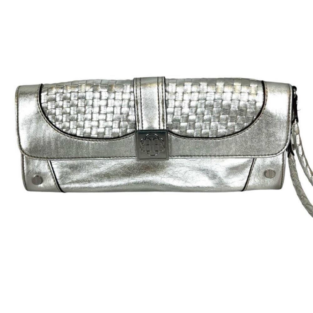 Dana Buchman Silver Gunmetal Metallic Faux Leather Clutch Wristlet Handbag